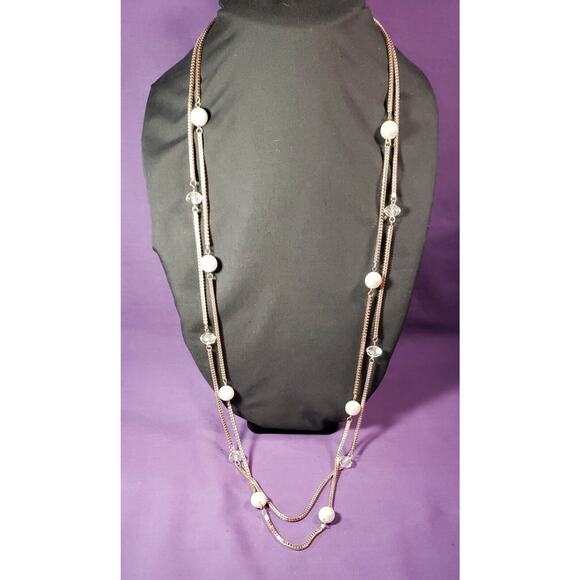 New York & Company Jewelry - New York & Company Long 2 Layer Box Chain Necklace, Gold Tone Faux pearls w/tags